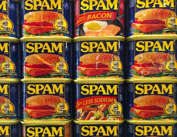 Stacked cans of Spam, the base of Spam musubi