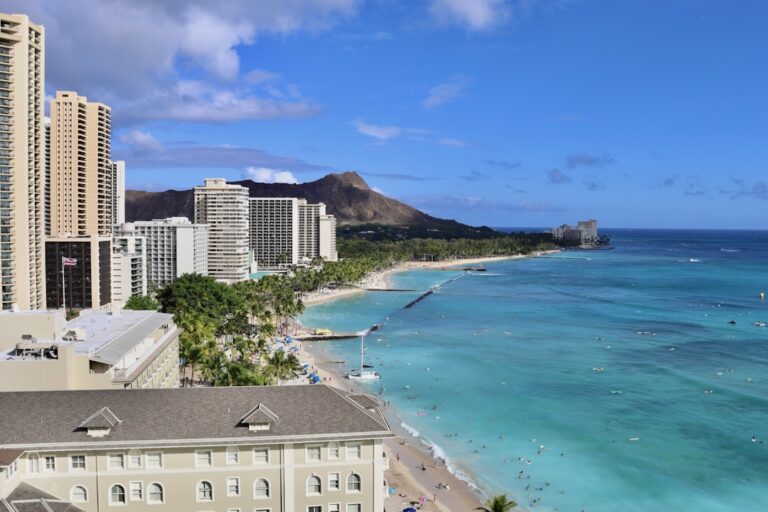 Waikiki Beach and the Honolulu skyline seen from the water
