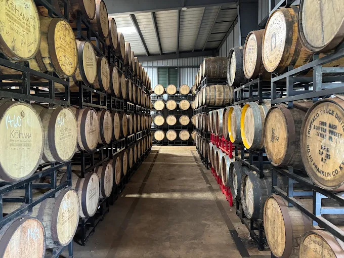 Rum barrels aging in the Ko Hana barrel house in Kunia, central Oahu