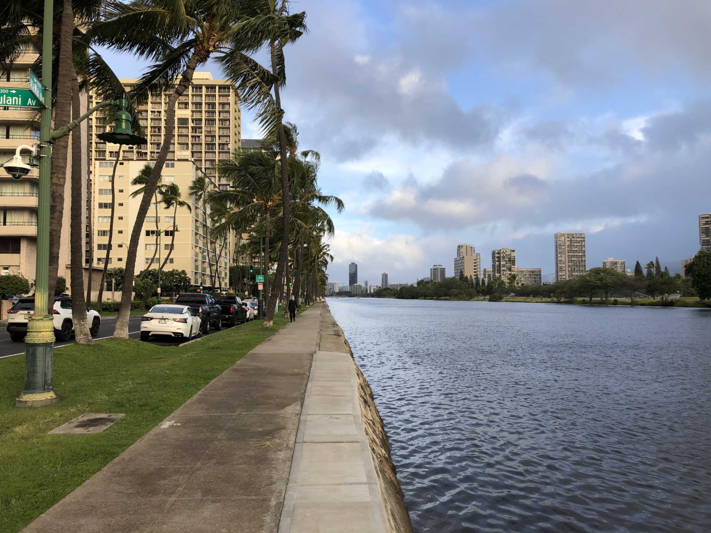 The Ala Wai Canal path near Kaiulani Avenue in Waikiki just after sunrise