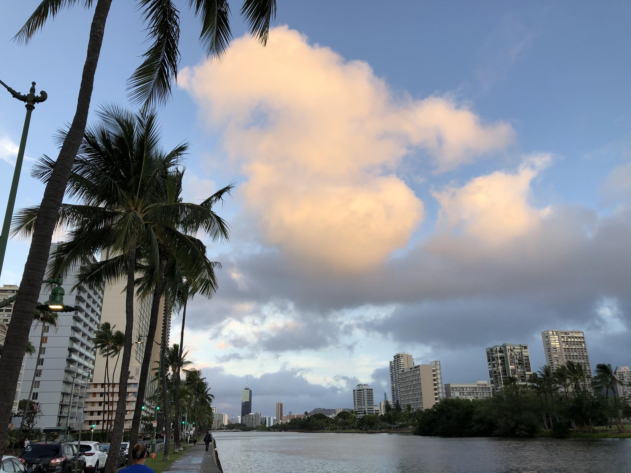 The Ala Wai Canal at sunrise near Nohonani Street, at the end of the White Sands Hotel's block