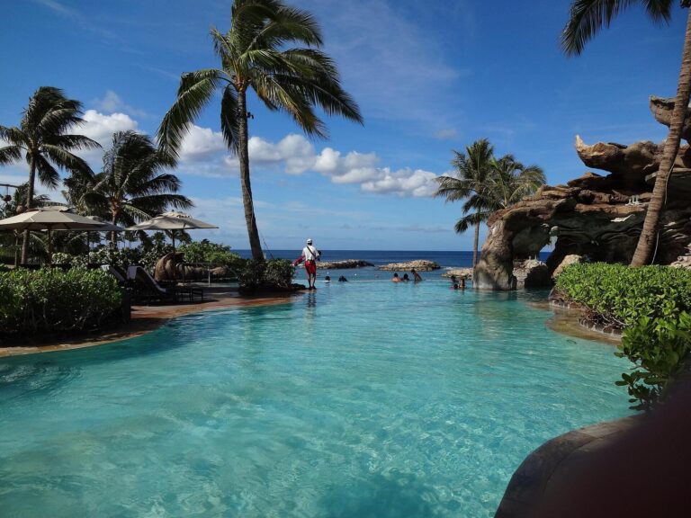The infinity-edge family pool at Aulani above the beach
