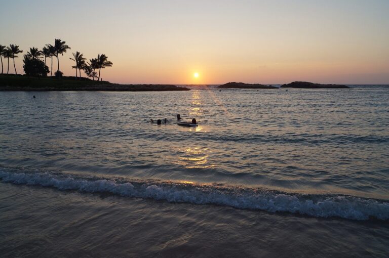 Sunset over the Ko Olina lagoon next to Aulani
