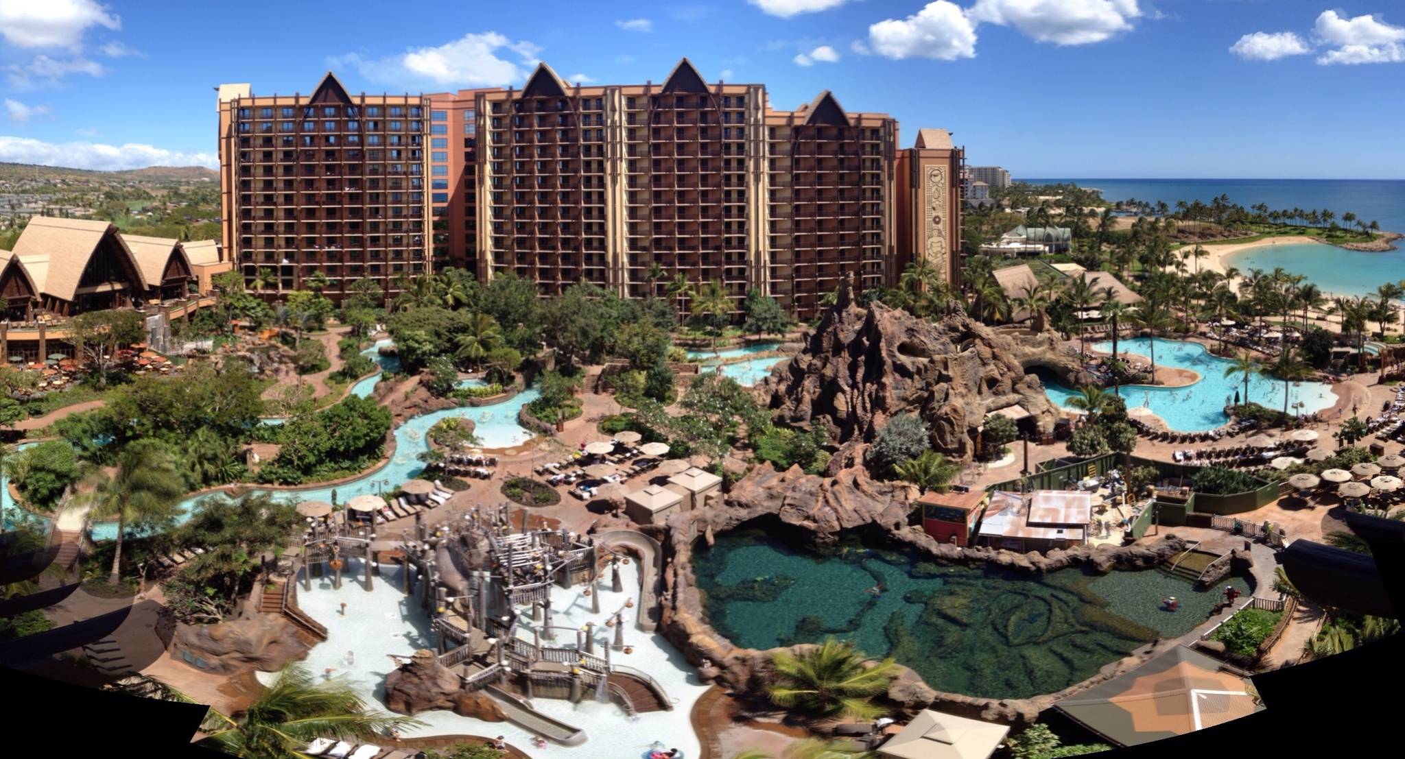 Aulani's towers above the Waikolohe Valley pools, lazy river and the Ko Olina lagoon