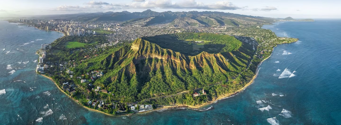 Aerial view of Diamond Head crater with Waikiki and the South Shore of Oahu