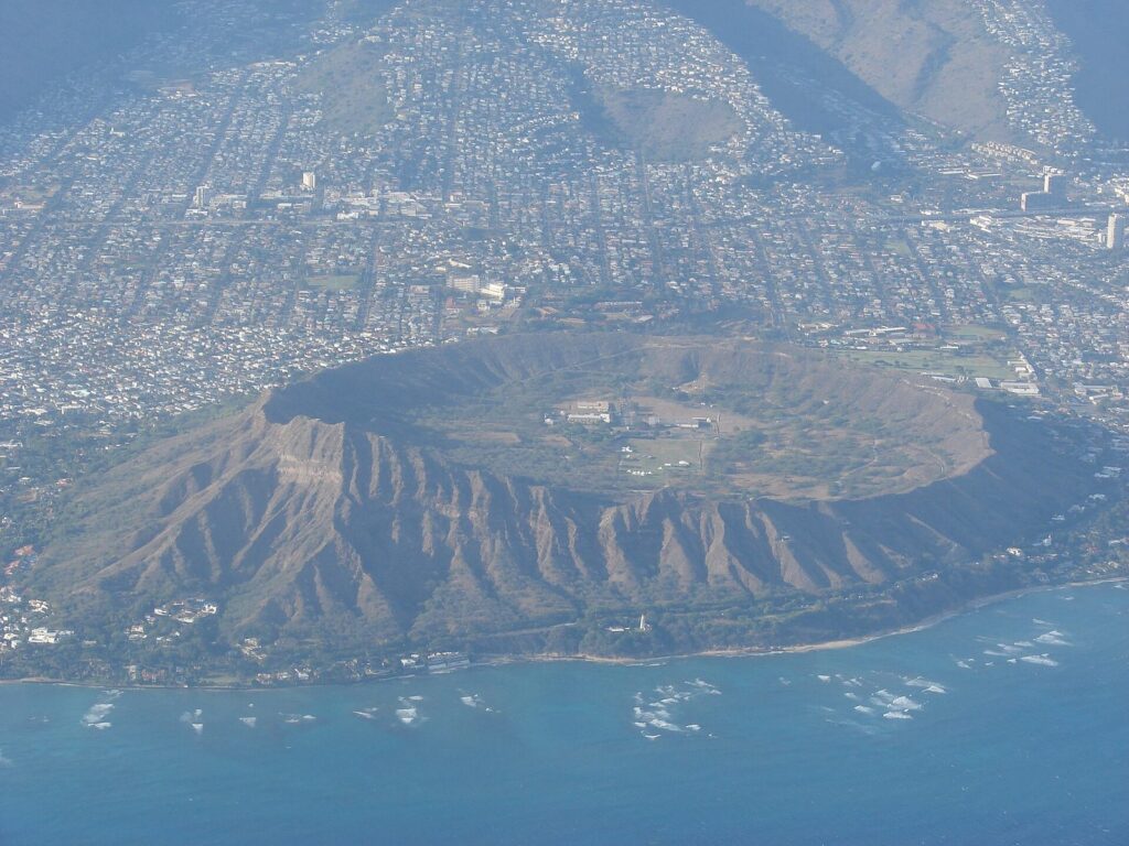 Aerial view of Diamond Head crater above Waikiki on Oahu