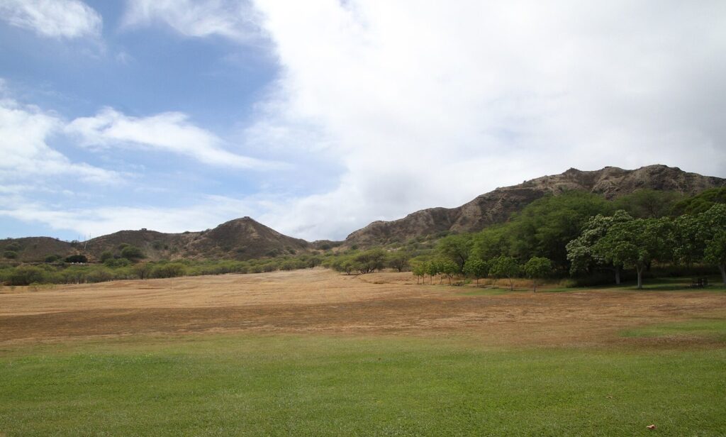 The grassy floor of Diamond Head crater with the crater rim behind it