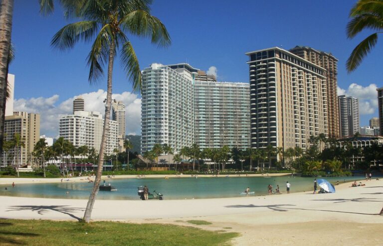 Duke Kahanamoku Lagoon with the Hilton Hawaiian Village towers behind it