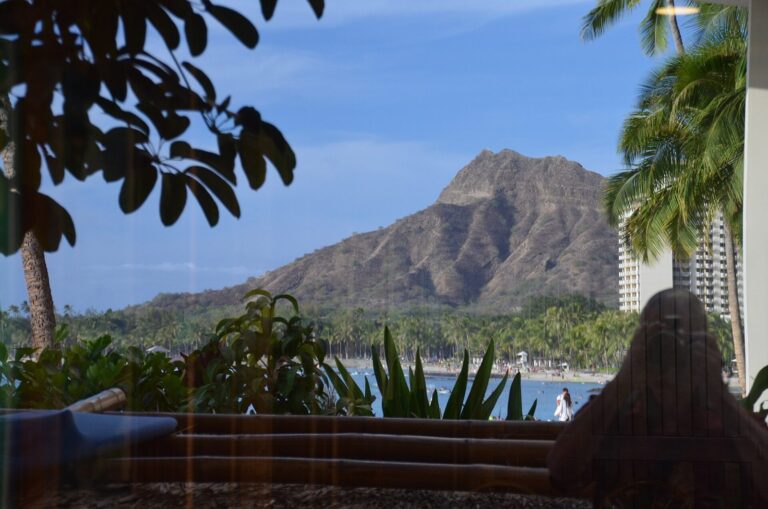 Diamond Head seen through a window at Duke's Waikiki