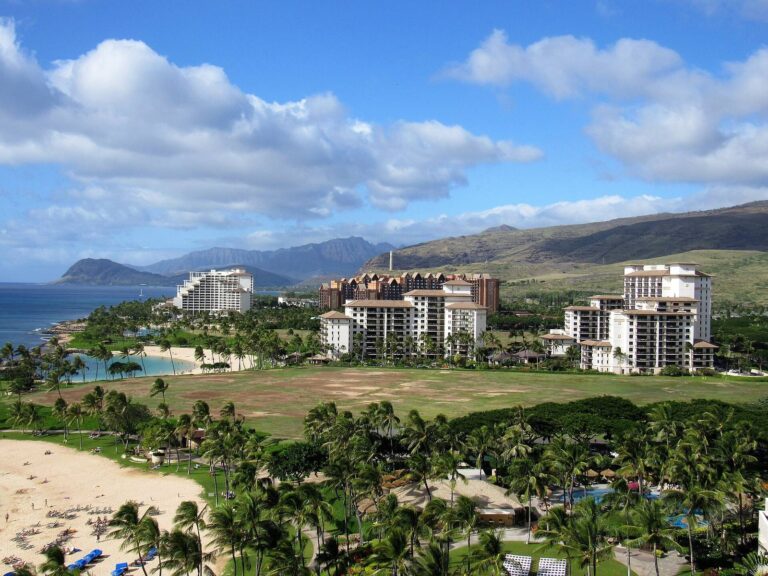 The Four Seasons, Aulani and Beach Villas at Ko Olina seen from the Marriott