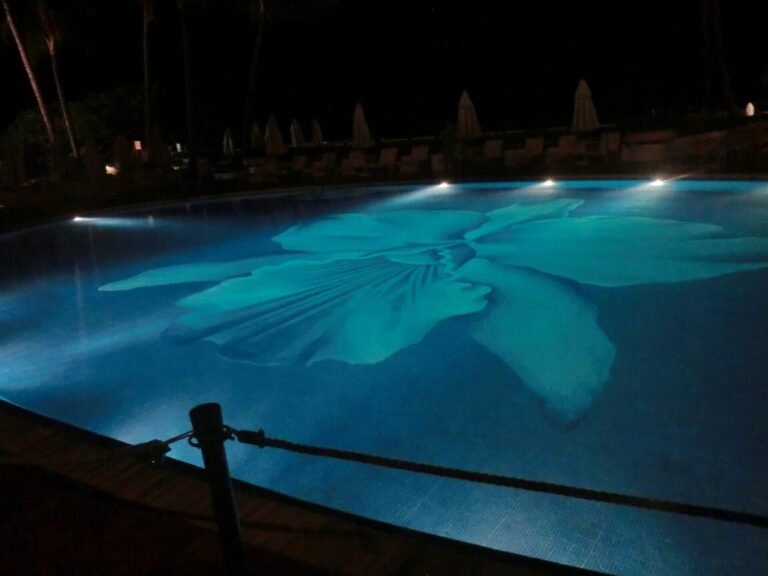 The orchid mosaic in the Halekulani pool, lit at night