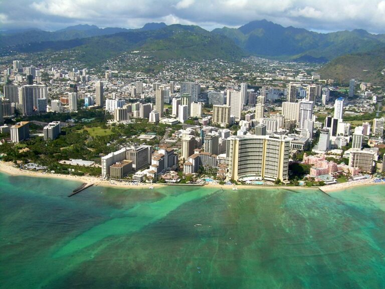 Waikiki hotels along the beach, with the Halekulani left of the curved Sheraton