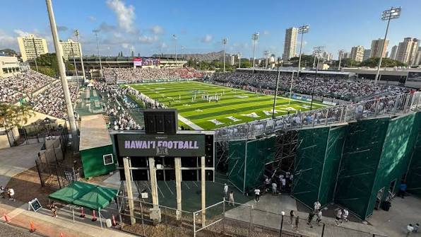 Hawaii football game day at the Clarence T.C. Ching Athletics Complex, with the Honolulu skyline and Diamond Head behind the stadium