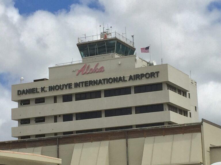 Aloha and Daniel K. Inouye International Airport lettering on the old control tower