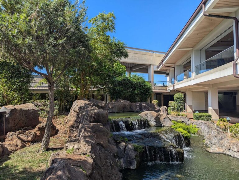 Stepped rock waterfall and pond in the Chinese Garden at Honolulu airport