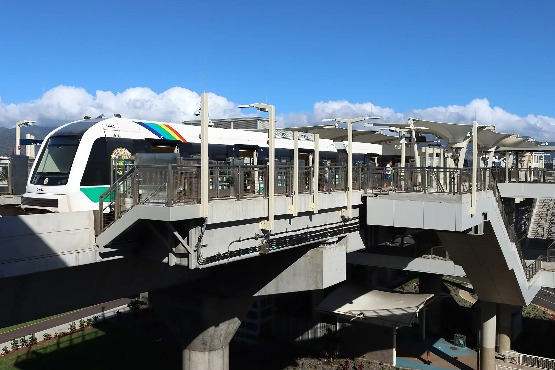 Skyline train at Lelepaua station, the Honolulu airport rail stop, where the W Line bus to Waikiki also starts