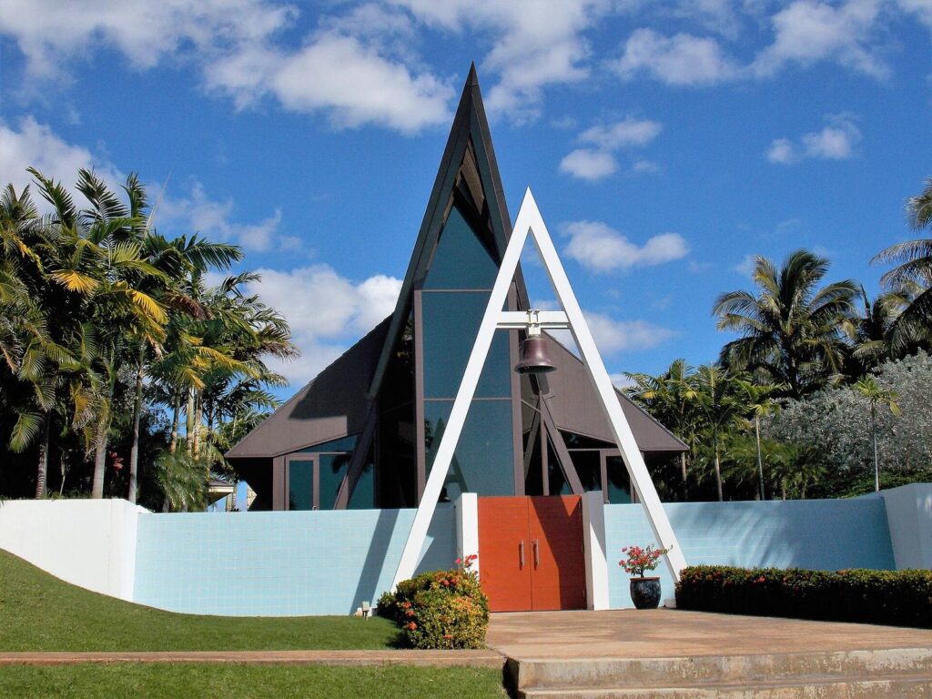 Honu Kai Lani, an A-frame wedding chapel with a bell and red doors, at Ko Olina on Oahu