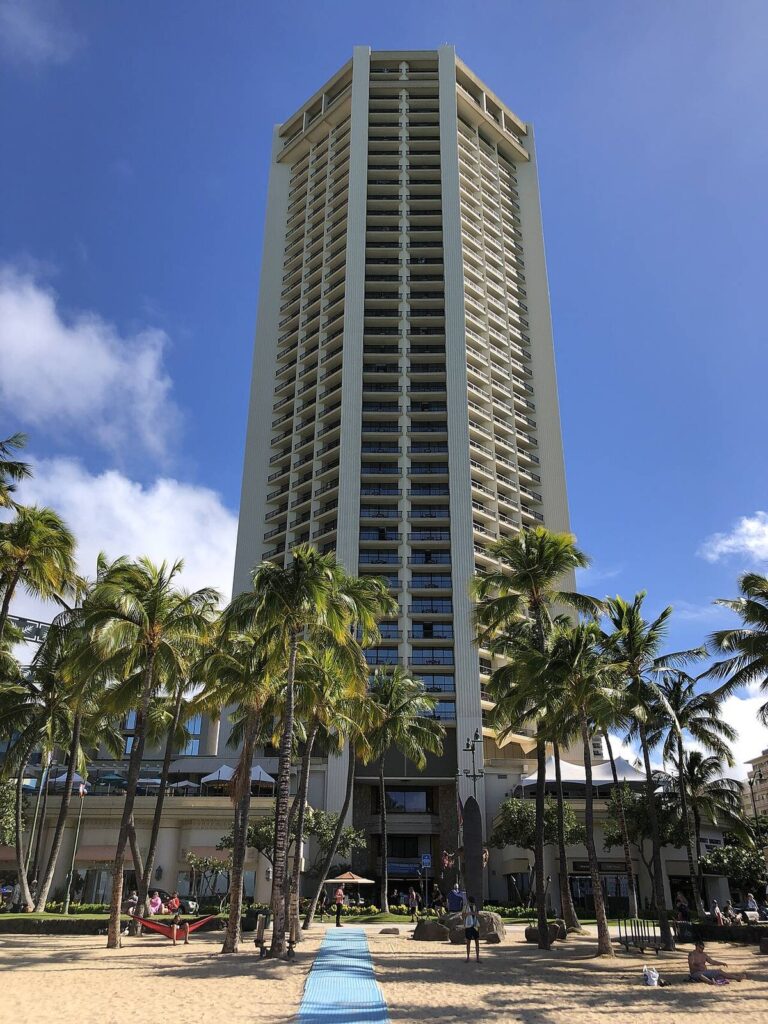 The Diamond Head Tower of the Hyatt Regency Waikiki seen from Kuhio Beach
