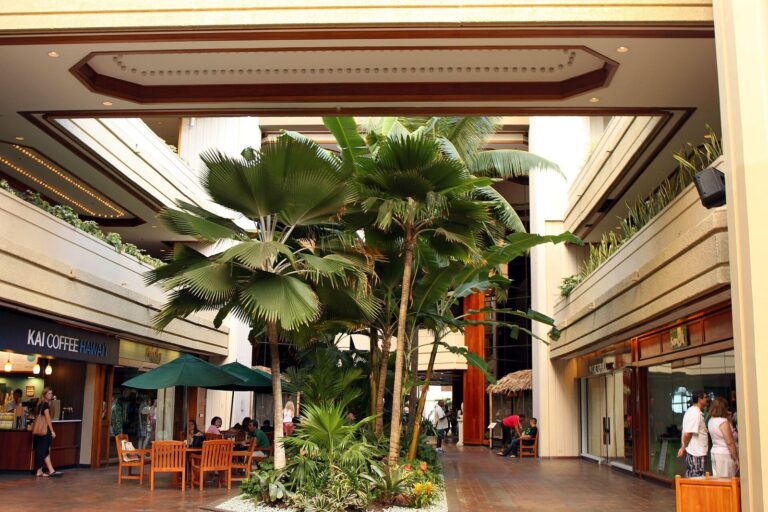 Shops and palms in the open-air Pualeilani Atrium at the Hyatt Regency Waikiki