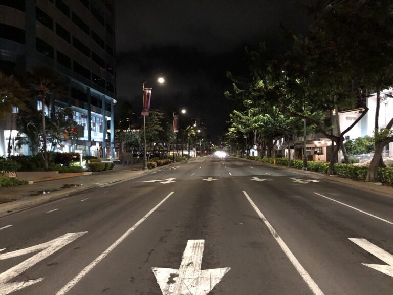 Kalakaua Avenue at Lewers Street in Waikiki at dawn