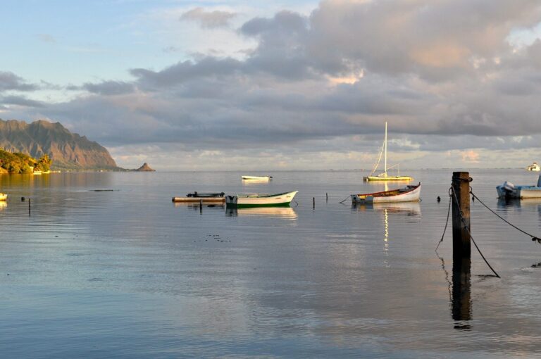 Calm Kaneohe Bay seen from the Heeia Kea small boat harbor pier