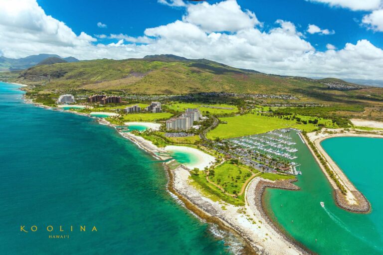 Aerial view of the Ko Olina resort coast and its man-made lagoons on Oahu's west side