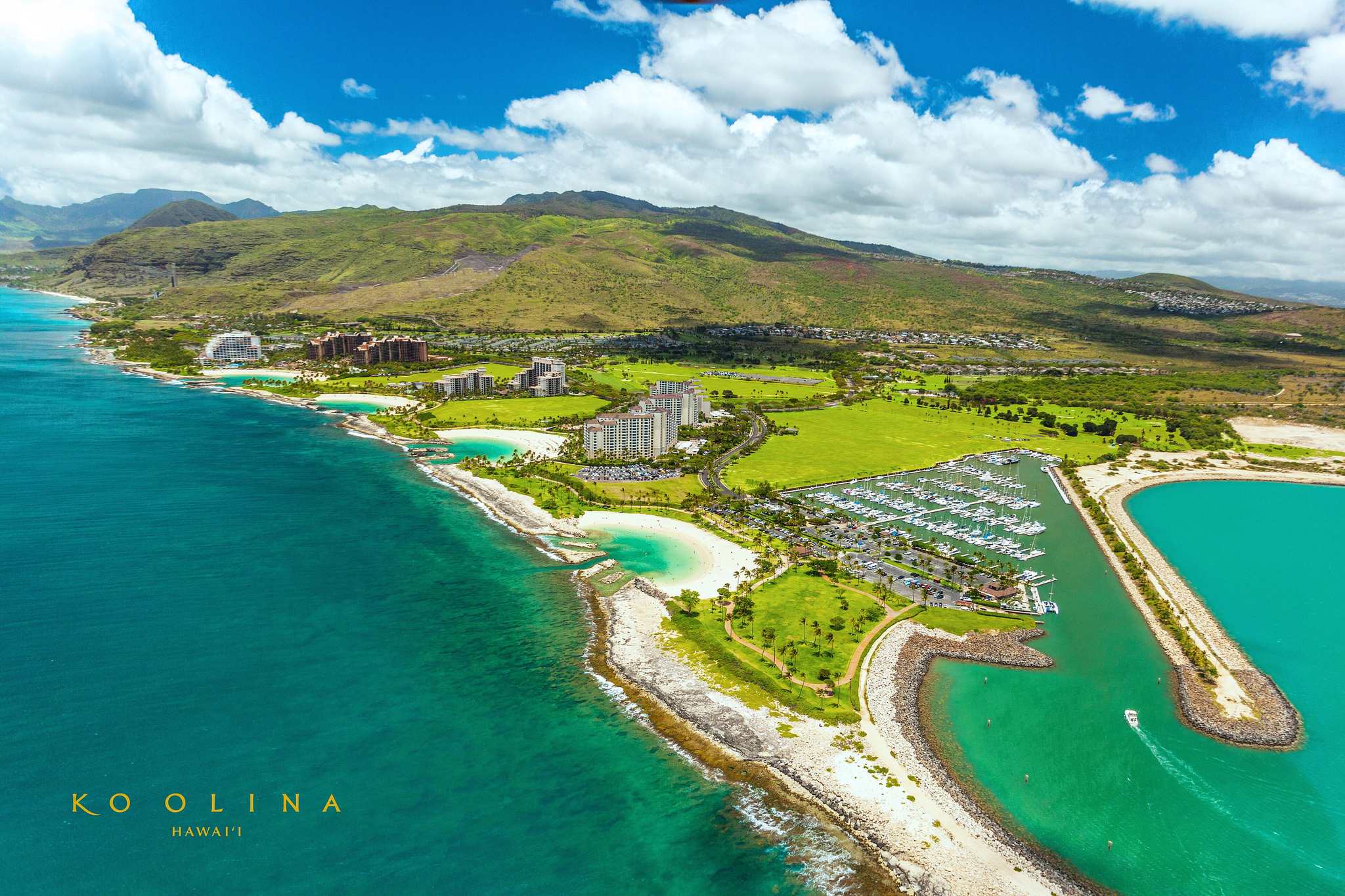 An aerial view of the Ko Olina Resort and its four lagoons