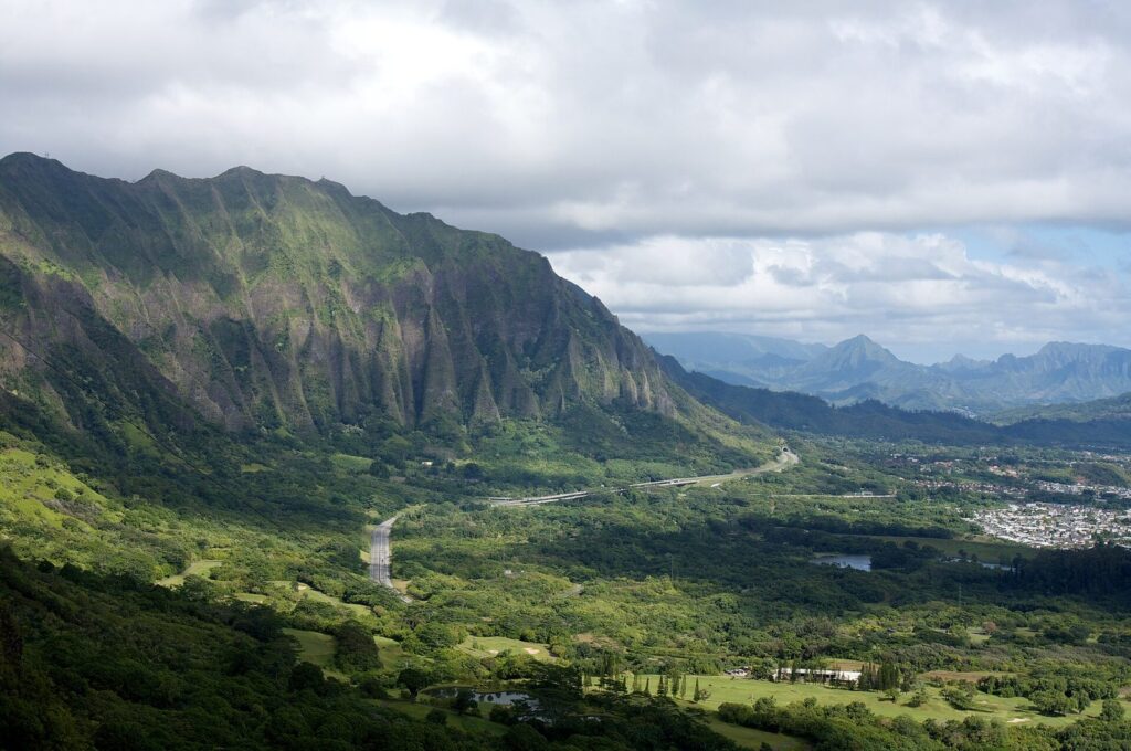 The Koolau cliffs and windward Oahu seen from the Nuuanu Pali Lookout on a circle island drive