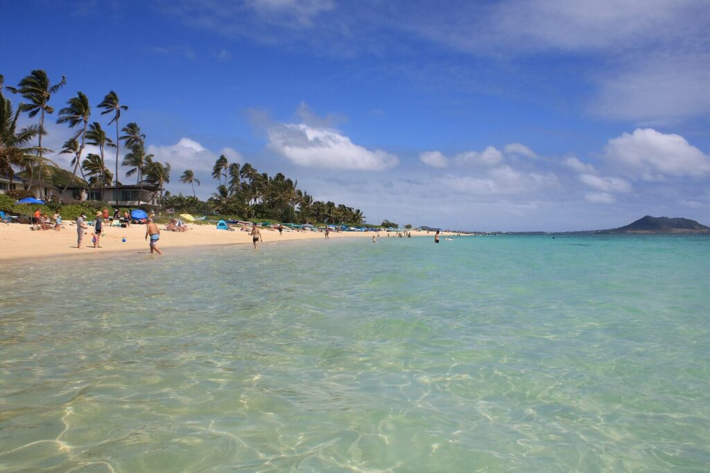 Clear turquoise water and palm-lined sand at Lanikai Beach on Oahu's windward side