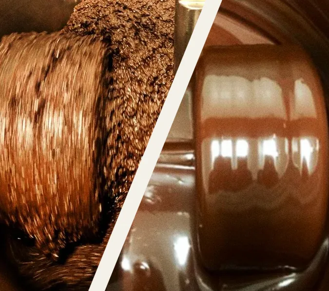 Cacao nibs grinding into liquid chocolate, then refined smooth, at the Lonohana chocolate factory