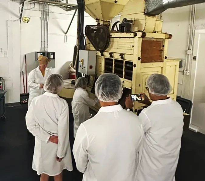 Guests in lab coats and hair nets at the vintage winnower on the Lonohana chocolate factory tour in Kakaʻako