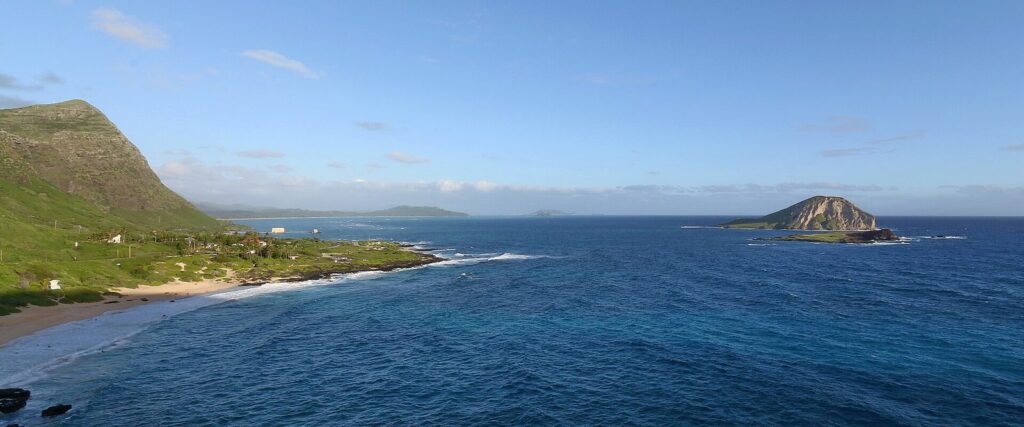 Makapuu Beach Park and Rabbit Island seen from above on the east side of Oahu
