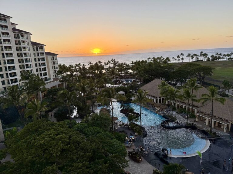 Sunset over the pool area of Marriott's Ko Olina Beach Club from a tower