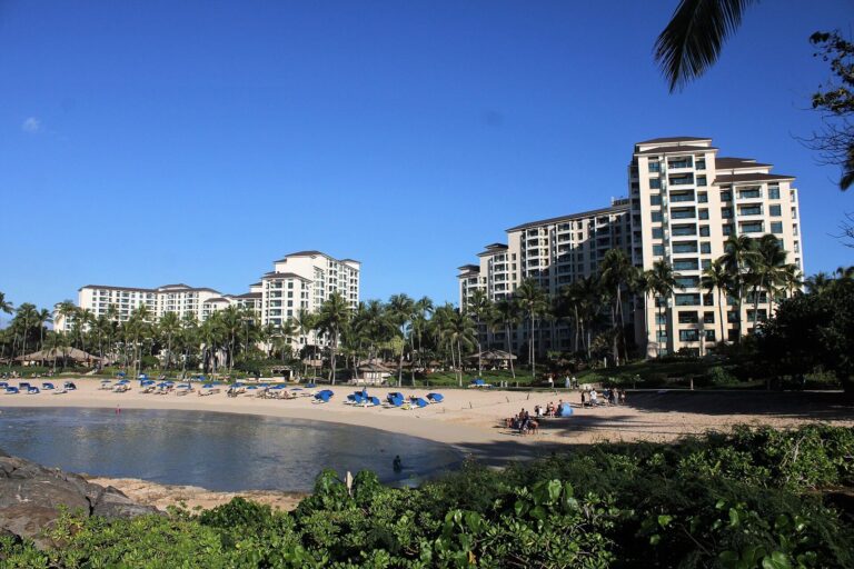 The towers of Marriott's Ko Olina Beach Club seen from the lagoon beach
