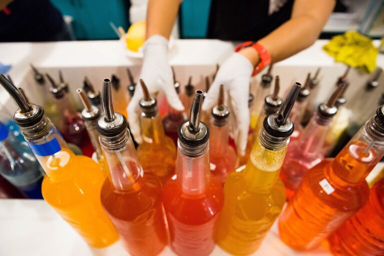 Rows of shave ice syrup bottles at Matsumoto