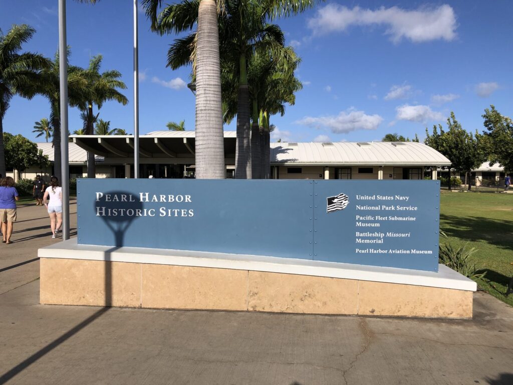 The Pearl Harbor Historic Sites sign at the entrance to the Pearl Harbor Visitor Center