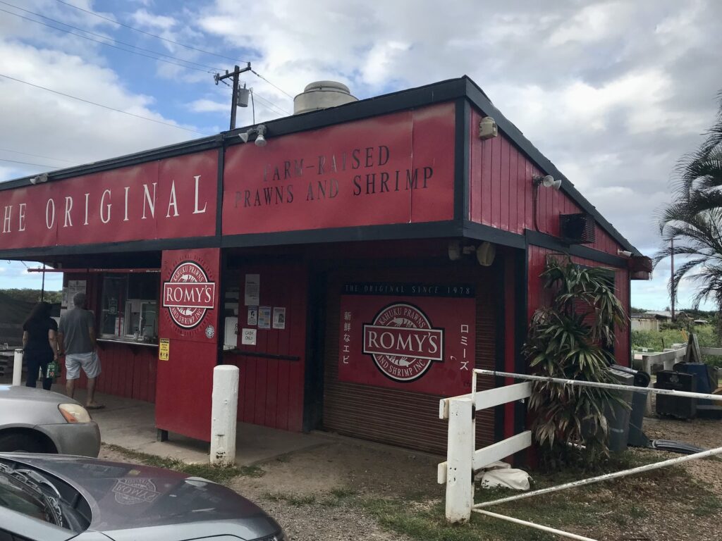 Romy's original red Kahuku Prawns and Shrimp stand on Oahu's North Shore