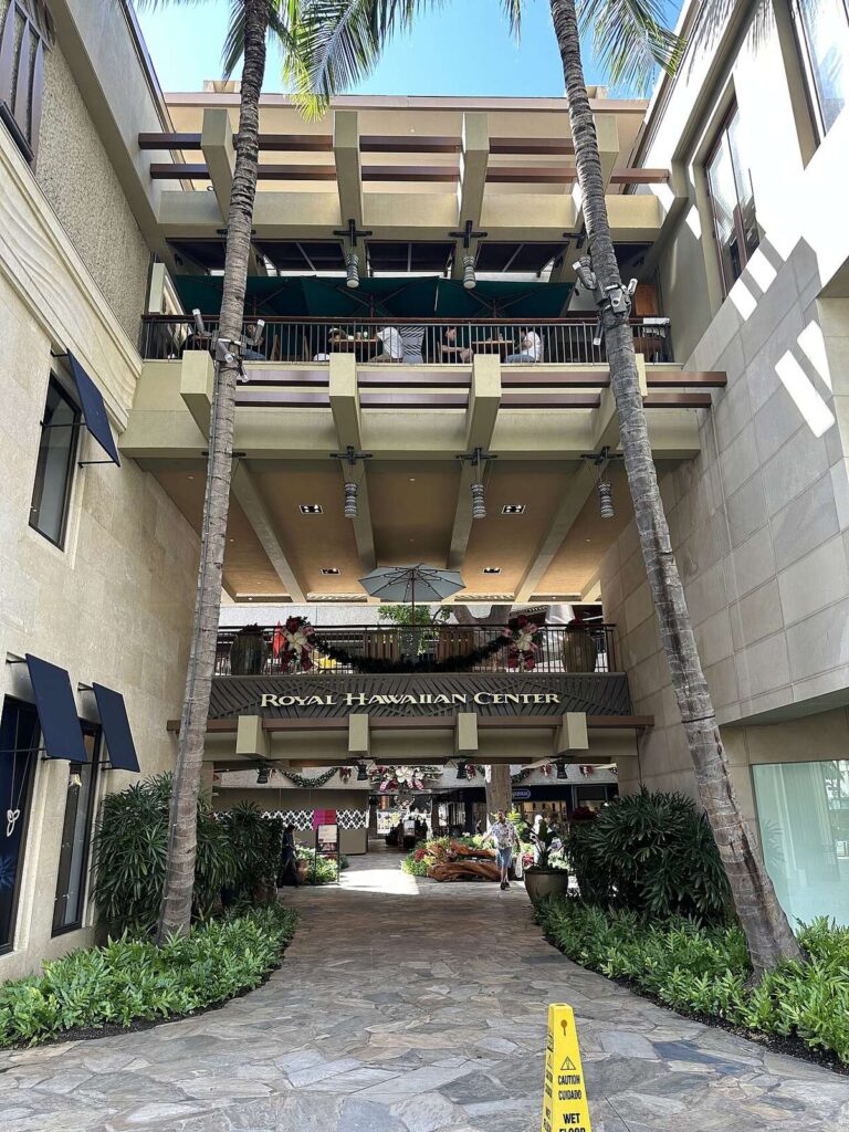The palm-lined entrance to the Royal Hawaiian Center in Waikiki