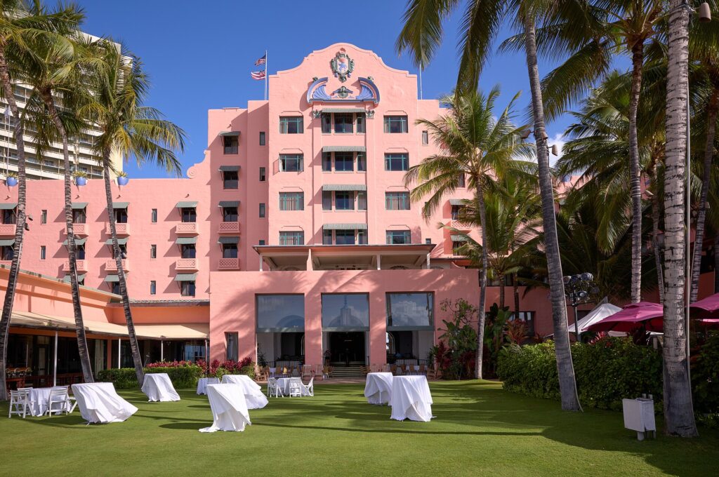 The Royal Hawaiian's lawn in Waikiki set up for an event