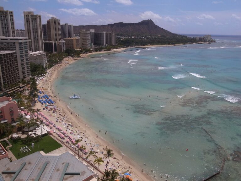 Waikiki Beach and Diamond Head from a high floor of the Sheraton Waikiki
