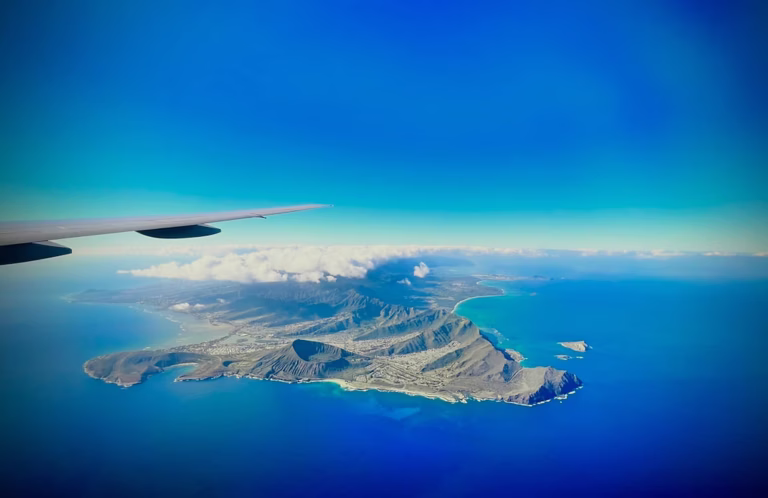 Aerial view of Oahu's southeast shore on approach to Honolulu