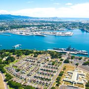 Aerial view of Pearl Harbor and the USS Arizona Memorial