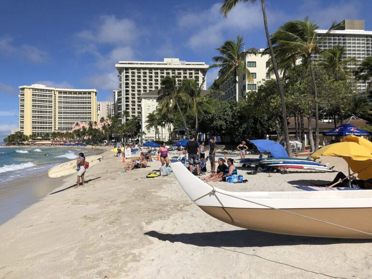 Waikiki Beach looking northwest toward the Moana Surfrider and the hotels of central Waikiki