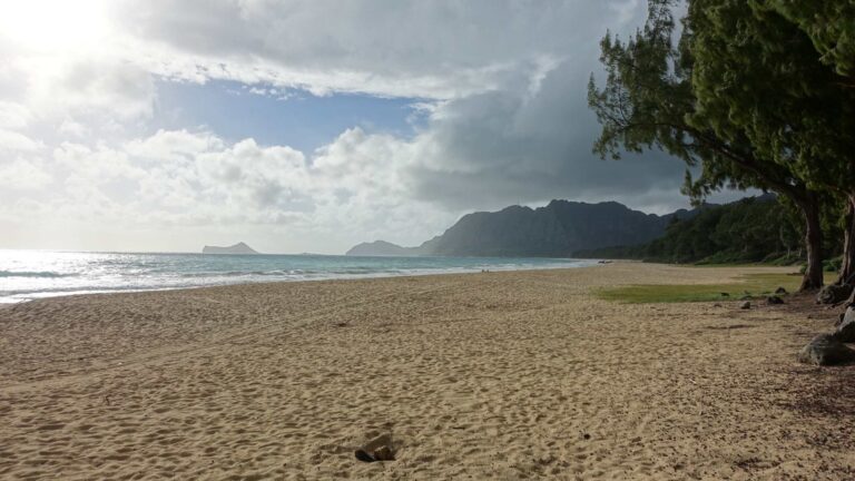 A wide sandy beach at Bellows Field Beach Park with ironwood trees on the right and Makapuu in the distance