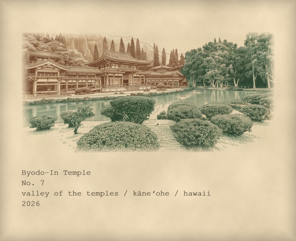 Field-note card: an engraved illustration of the Byodo-In Temple and its pond and gardens