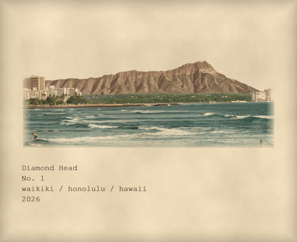 Field-note card: an engraved illustration of Diamond Head above the Waikiki shoreline, with surfers in the foreground