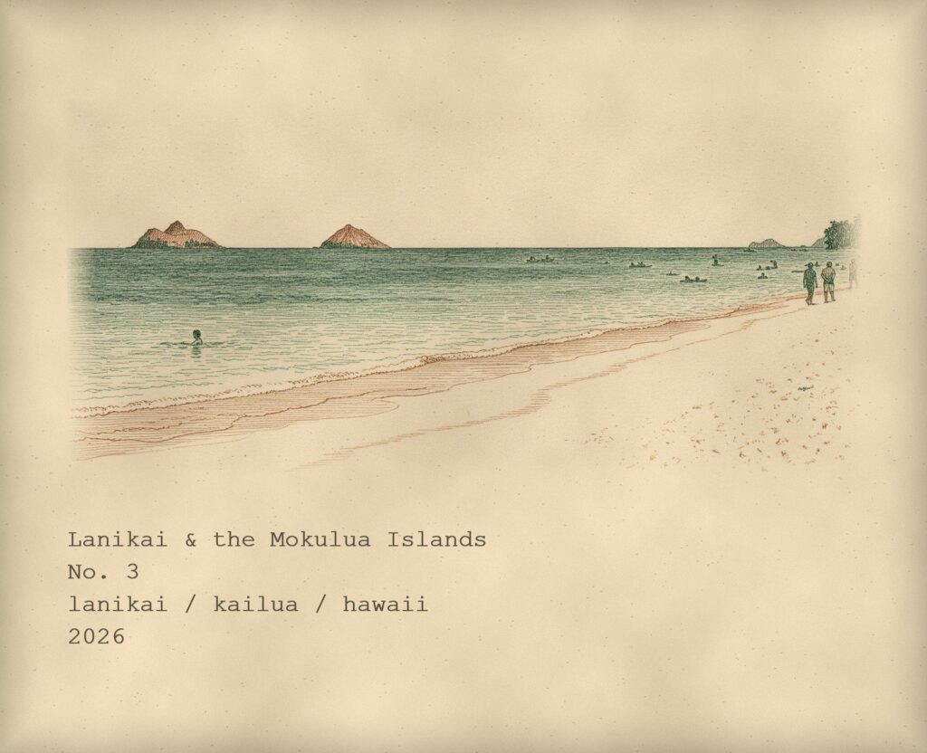 Field-note card: an engraved illustration of Lanikai Beach with the two Mokulua islands offshore