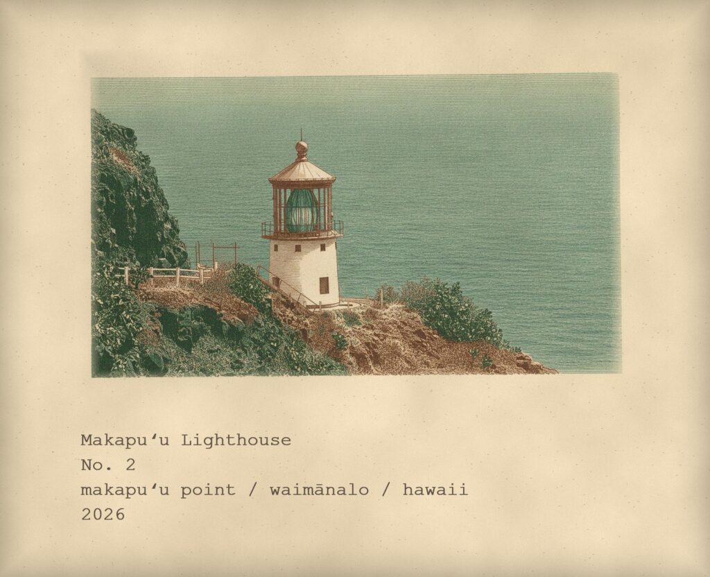 Field-note card: an engraved illustration of Makapuu Point Lighthouse on its headland above the ocean