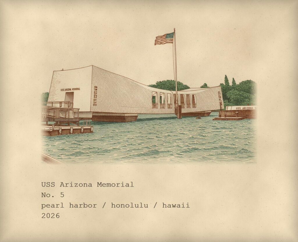 Field-note card: an engraved illustration of the white USS Arizona Memorial and its flag over Pearl Harbor