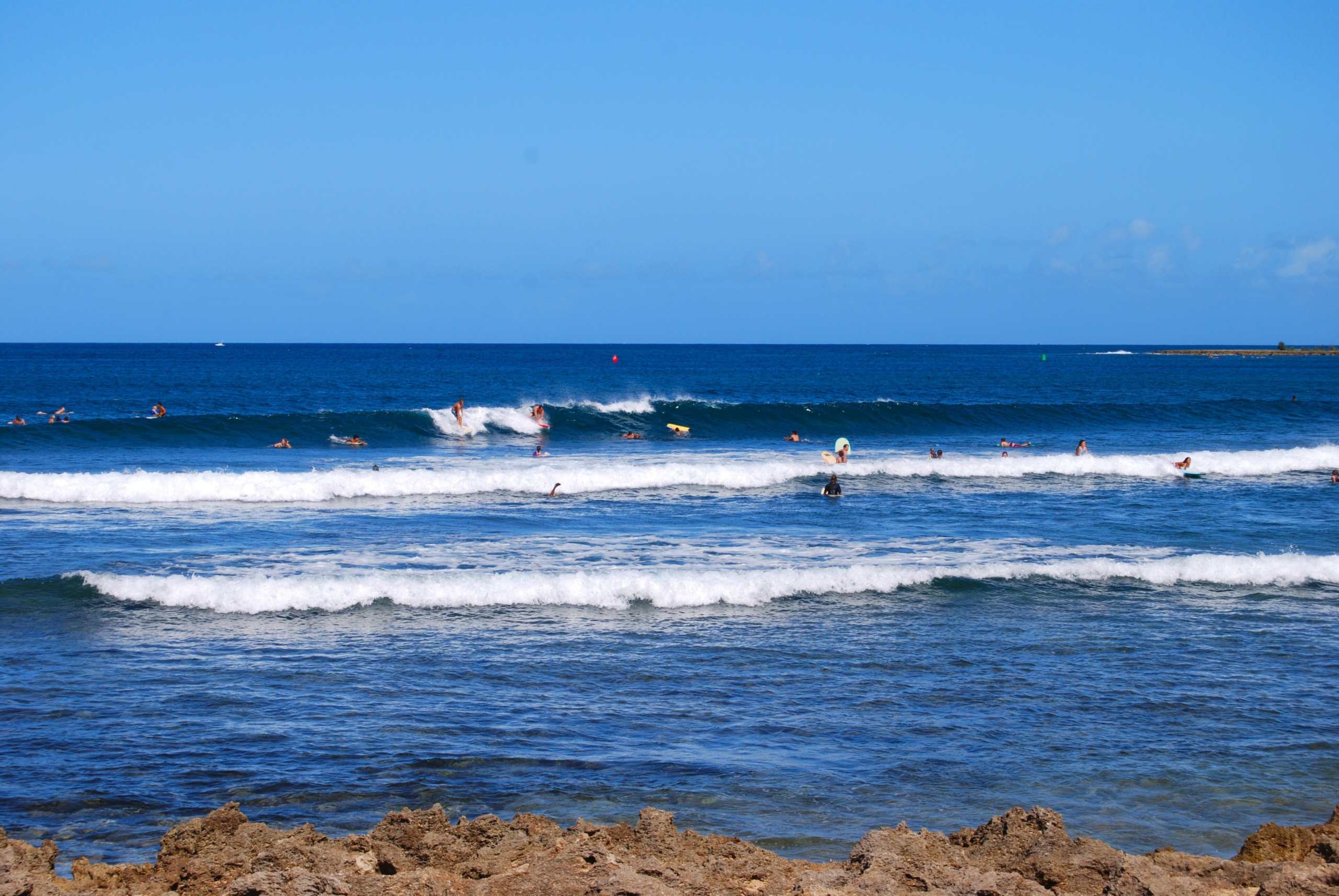 Surfers in the water off Haleiwa on Oahu's North Shore with a breakwater on the horizon and reef rock in the foreground